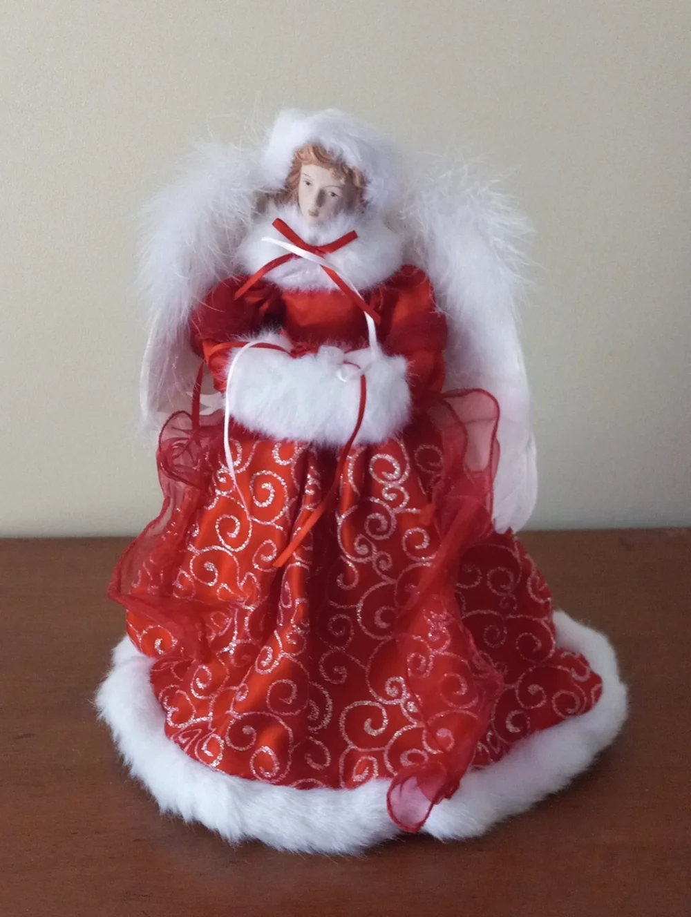 Red and White Angel Tree Topper - Sparkle Swirl Dress